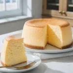 Cheesecake japonais fluffy avec texture nuage et part coupée montrant une mie aérienne