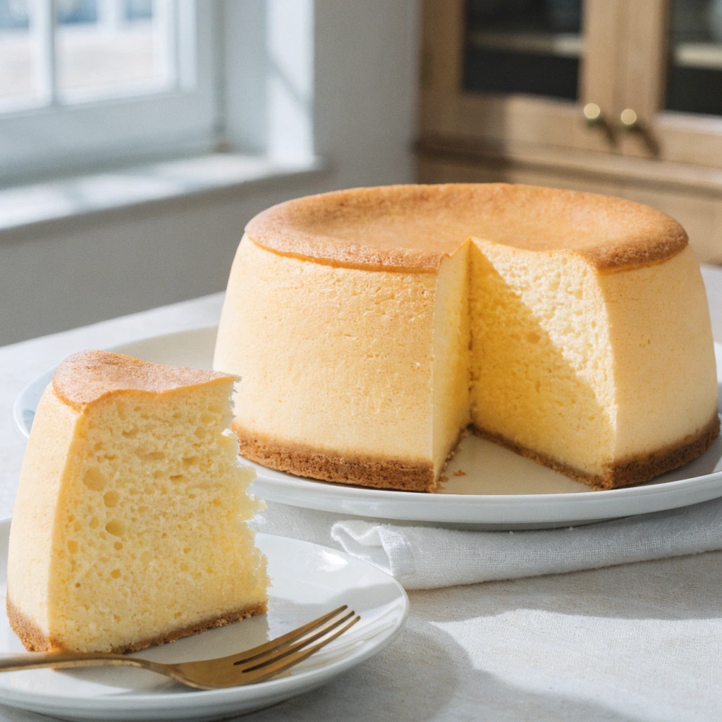 Cheesecake japonais fluffy avec texture nuage et part coupée montrant une mie aérienne