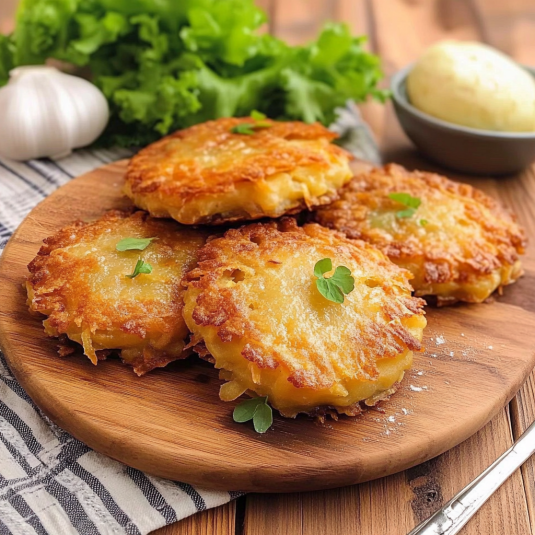 Galettes de pommes de terre alsacienne croustillante servie sur une planche en bois