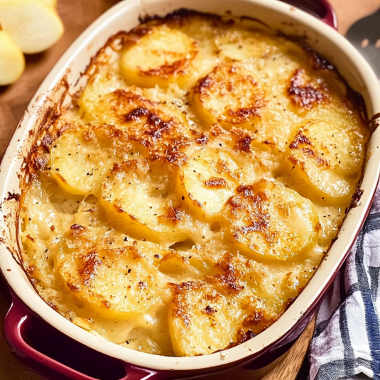 gratin de pomme de terre doré au fromage avec rondelles fondantes et croûte gratinée