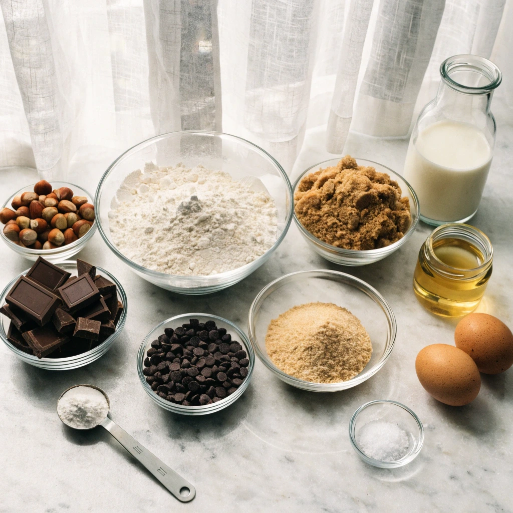 Ingrédients pour muffins chocolat noisettes disposés sur une table en marbre farine sucre œufs chocolat noisettes huile lait