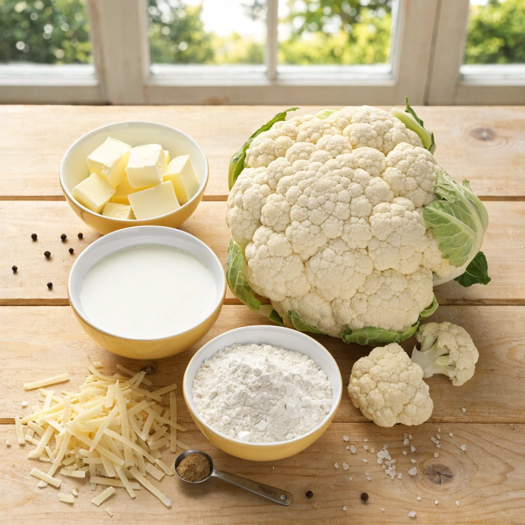 ingrédients gratin de chou fleur béchamel maison avec chou fleur lait beurre farine et fromage râpé