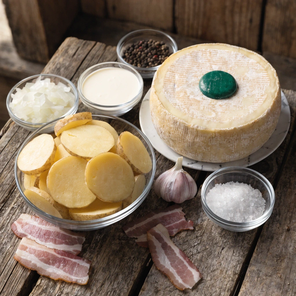 Ingrédients pour recette tartiflette reblochon avec pommes de terre lardons et ail