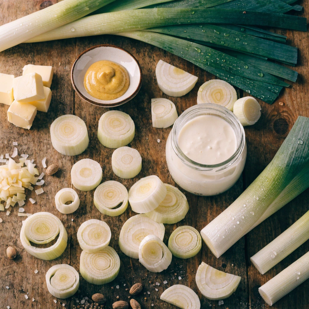 Ingrédients pour fondue de poireaux avec poireaux frais, beurre, échalote, crème et moutarde disposés sur une table en bois