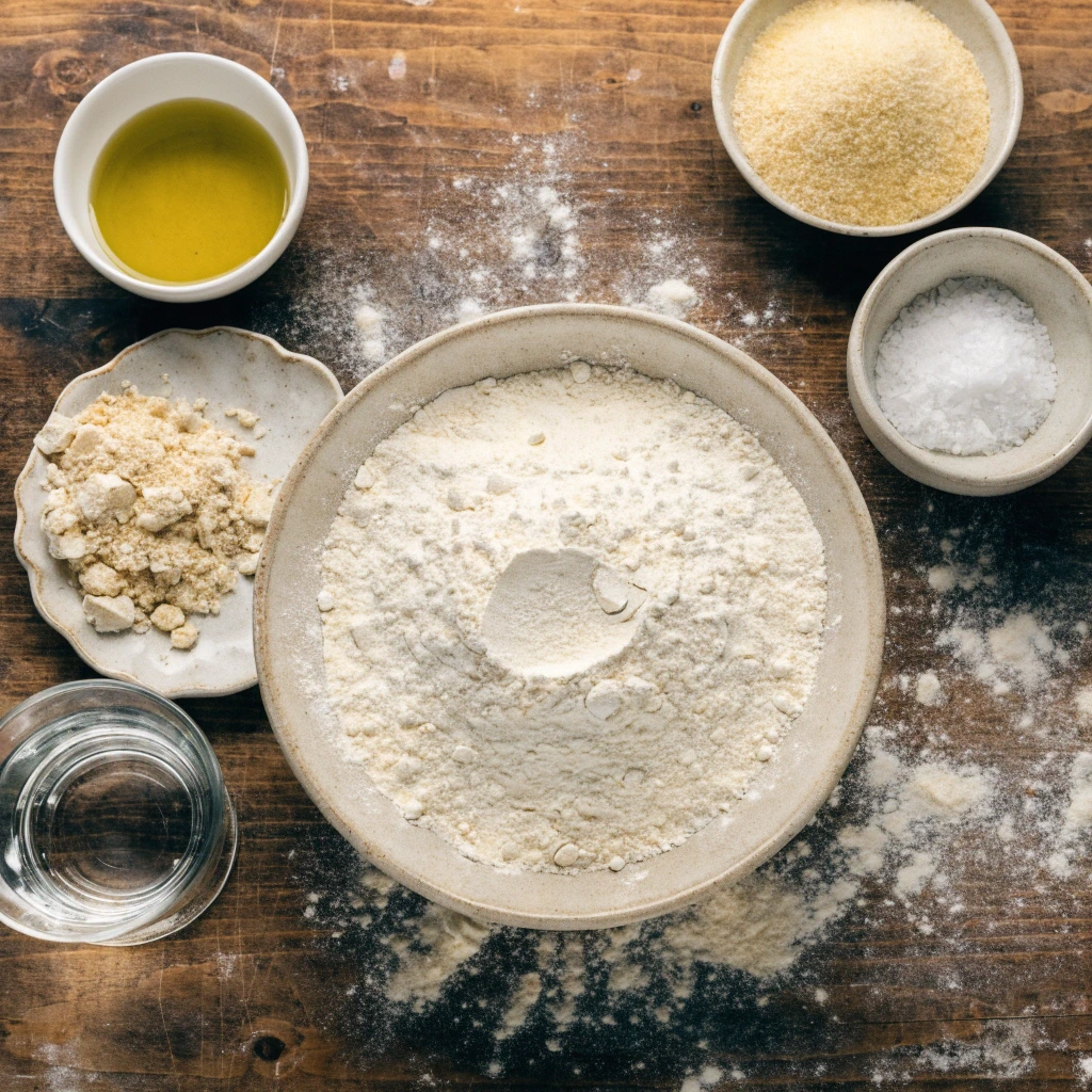ingrédients pâte pizza maison avec farine, huile d’olive, eau, sel et semoule de blé dur sur table en bois