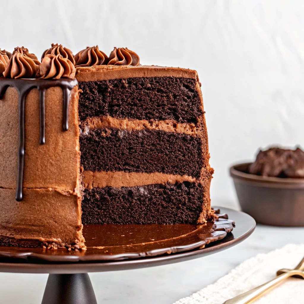 Moist chocolate layer cake with creamy frosting and chocolate drip topping