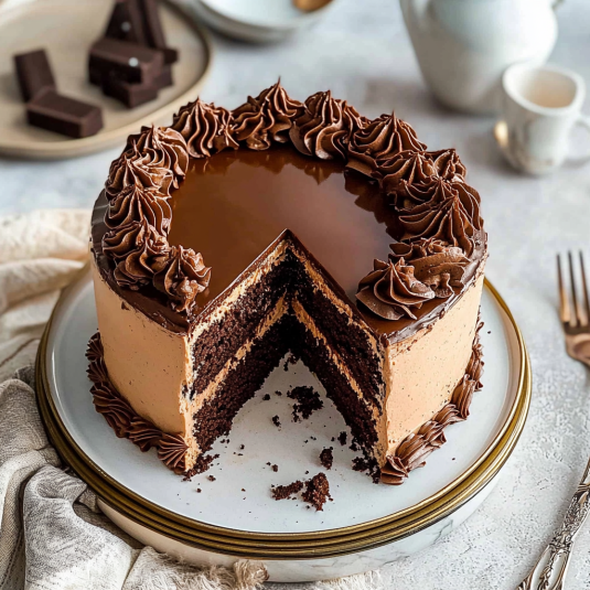 Layer cake chocolat coupé avec ganache et couches moelleuses au cacao