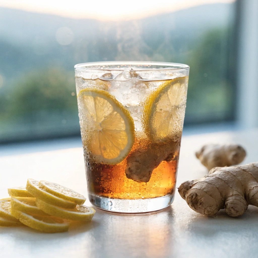Boisson Mounjaro naturel le matin avec citron et gingembre dans un verre au lever du soleil