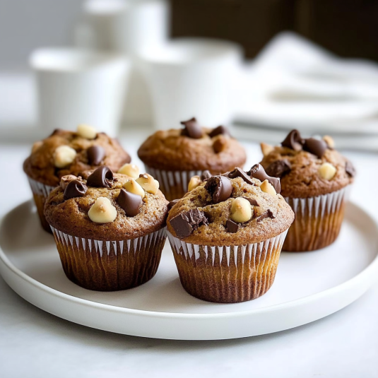 Muffins chocolat noisettes moelleux avec pépites de chocolat noir et éclats de noisettes sur une assiette blanche