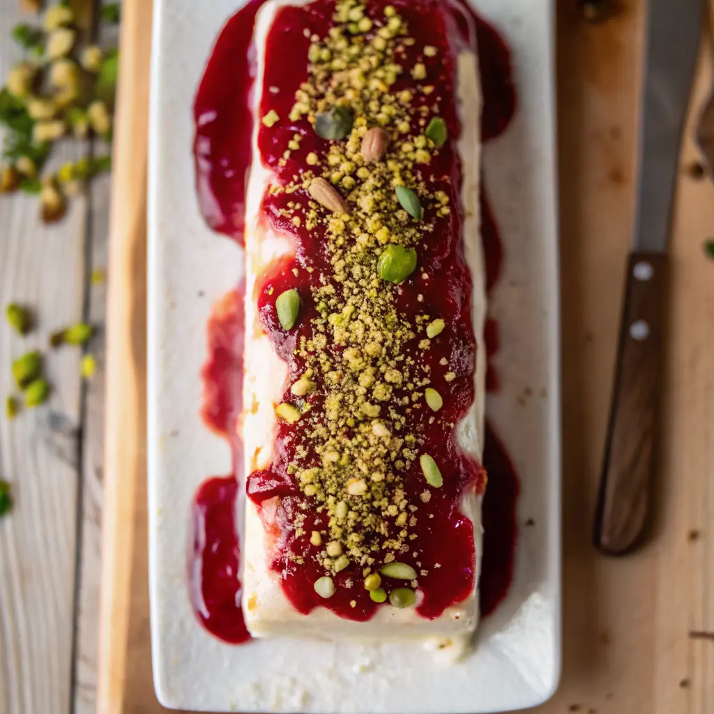 nougat glacé maison servi avec coulis de framboise