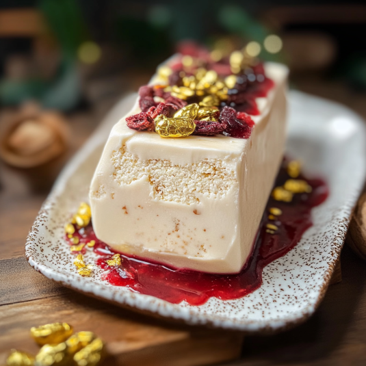 nougat glacé maison servi avec coulis de framboise, pistaches et fruits secs