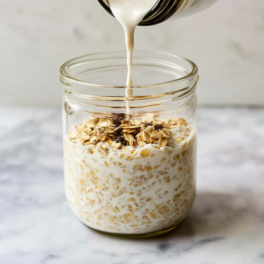 Versement de lait sur des flocons d’avoine dans un bocal pour préparer des overnight oats maison