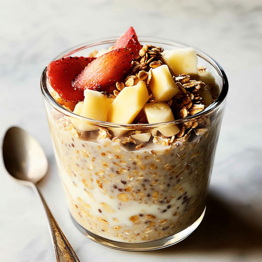 Overnight oats crémeux aux fraises, banane et granola dans un bocal en verre au petit déjeuner