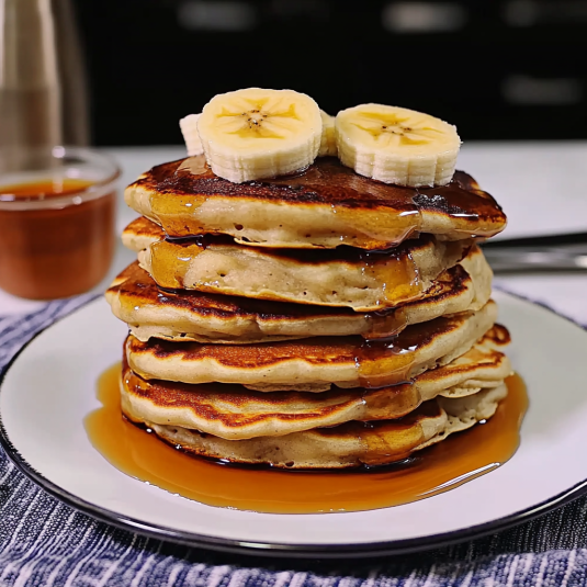 Pancakes banane moelleux avec rondelles de banane et sirop