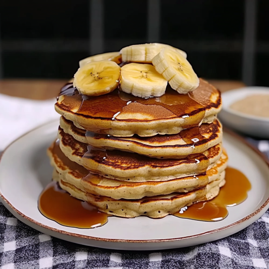 pancakes banane moelleux empilés avec rondelles de banane et sirop d’érable pour recette pancakes banane maison