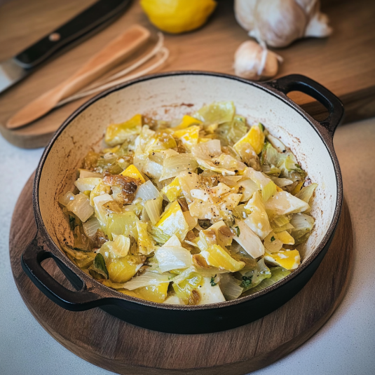 Fondue de recette poireaux maison cuite à la poêle avec poireaux fondants, crème et assaisonnement dans un plat rustique