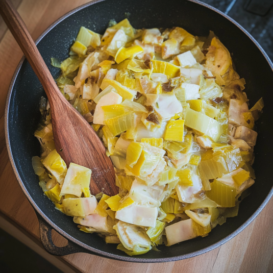 Fondue de poireaux maison cuite à la poêle avec poireaux fondants, crème