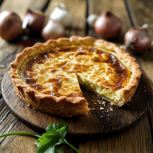 Tarte à l'oignon alsacienne dorée avec pâte croustillante et garniture fondante