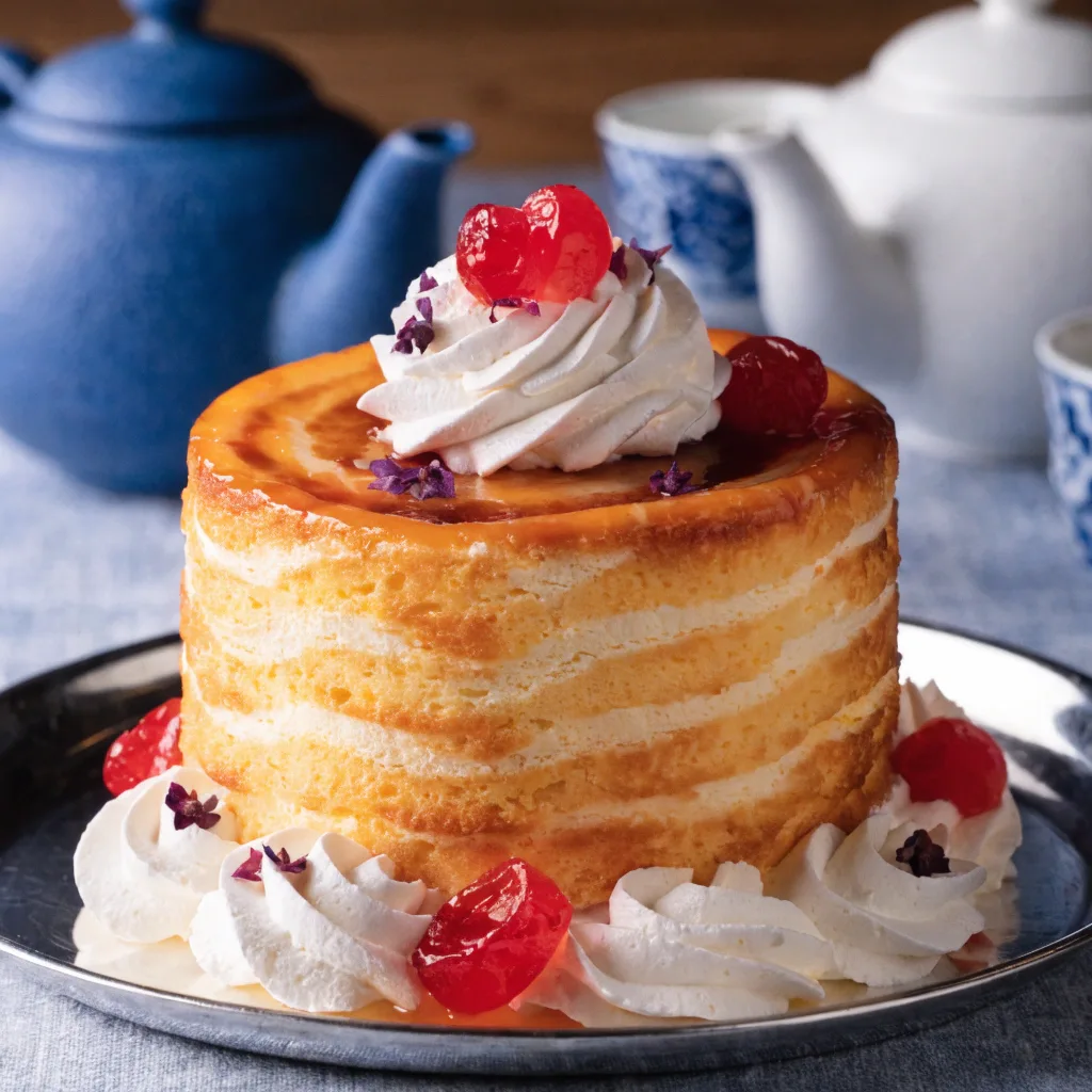 Cheesecake japonais fluffy garni de chantilly et cerises confites sur assiette élégante