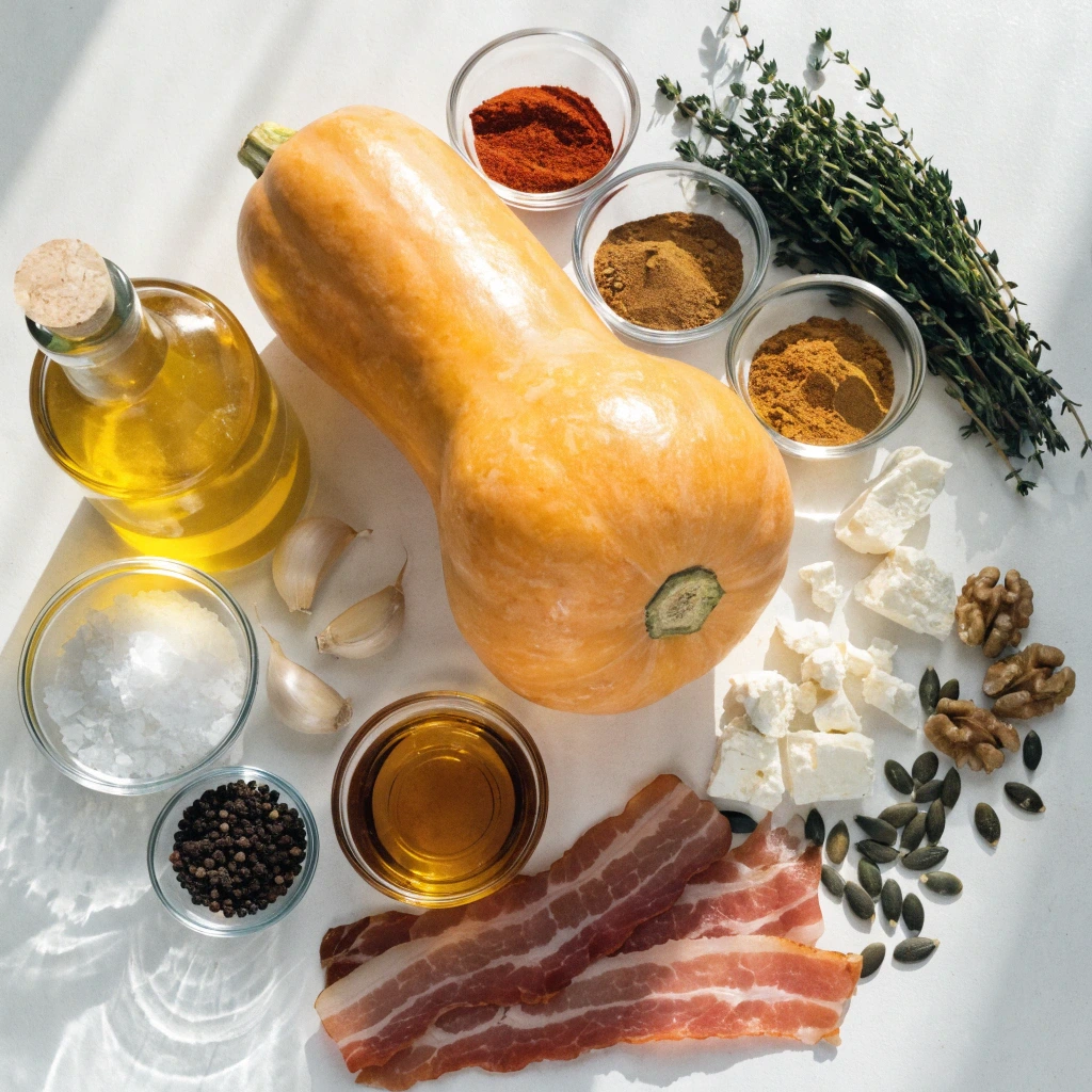 Ingrédients pour butternut au four avec huile d’olive, épices, feta, lardons et noix