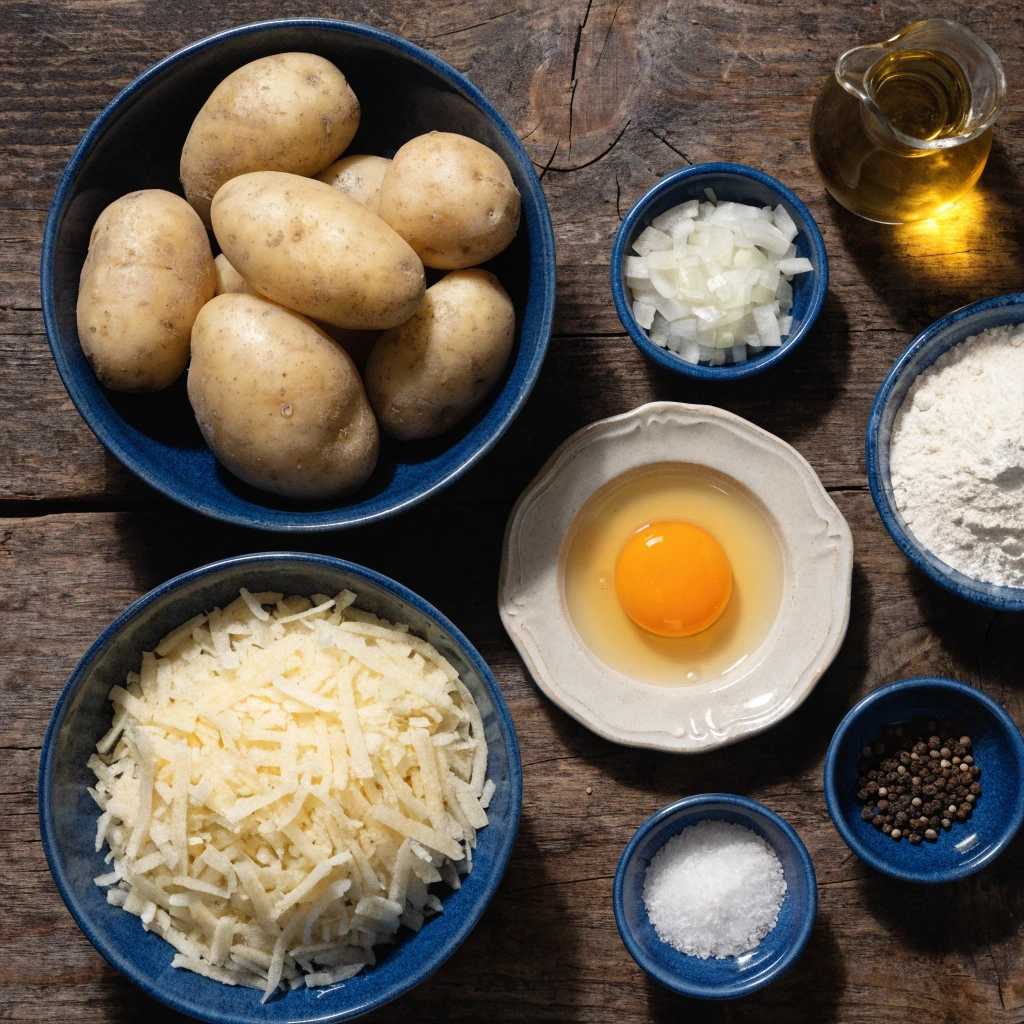 Ingrédients pour galette de pomme de terre alsacienne avec pommes de terre, œuf, oignon, farine et huile