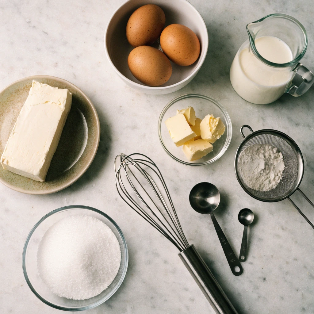 Ingrédients du cheesecake japonais avec cream cheese, œufs, sucre, beurre, lait et farine tamisée