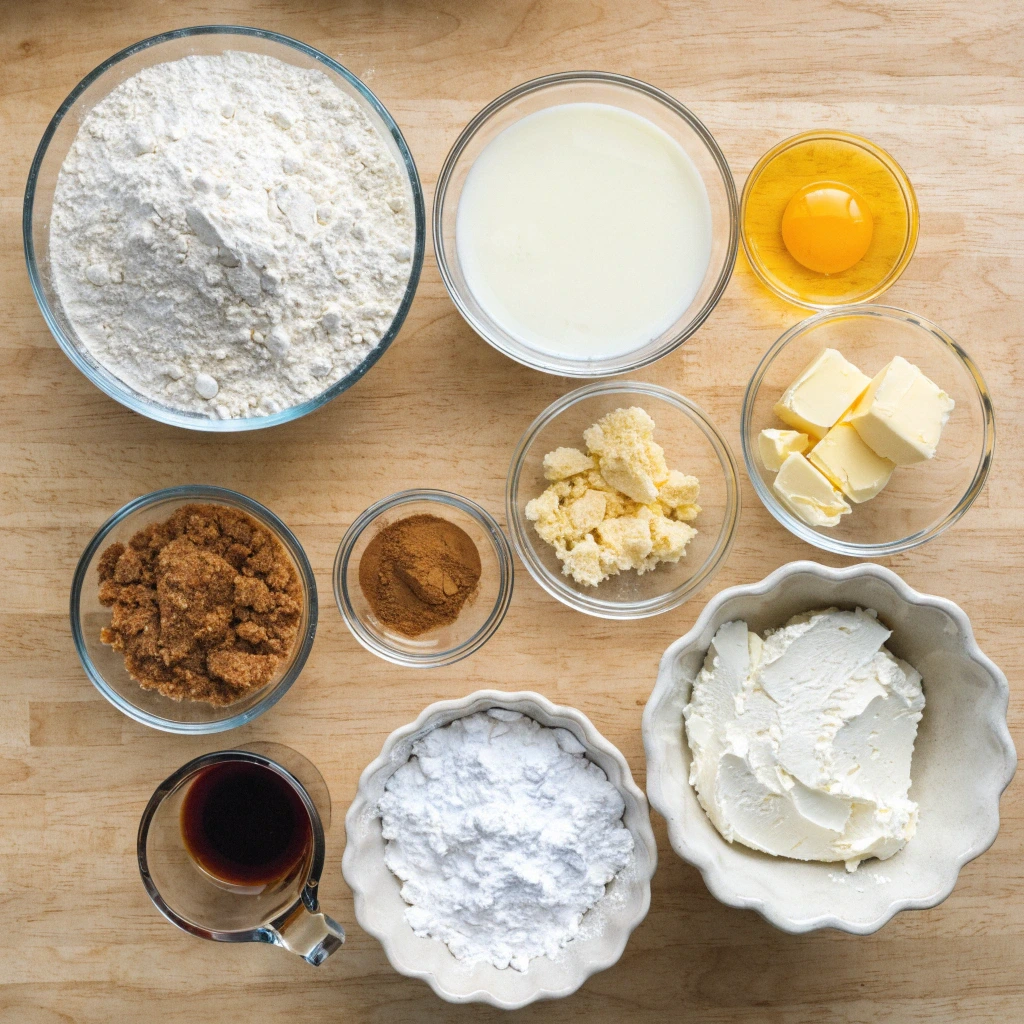 Ingredients for cinnamon rolls moelleux recipe flour milk egg butter brown sugar cinnamon cream cheese vanilla