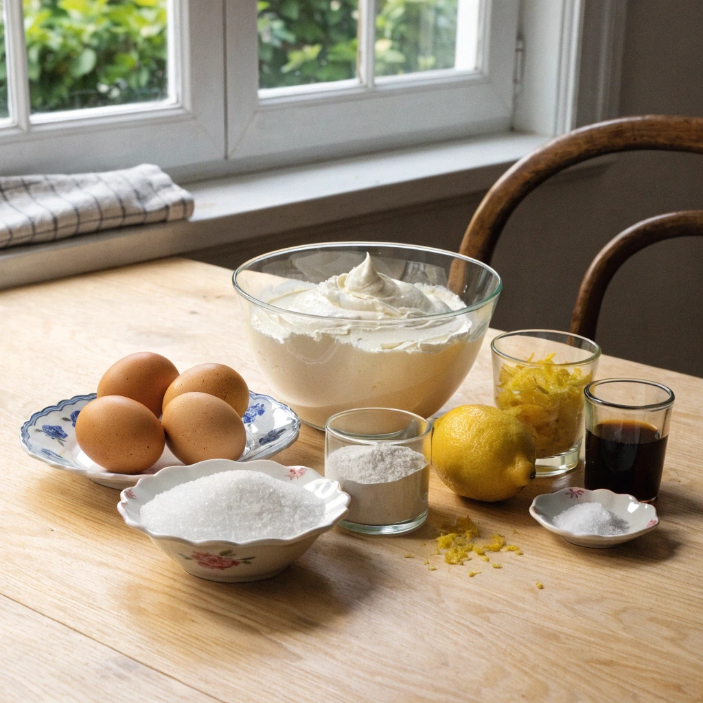 Ingrédients pour gâteau au fromage blanc avec œufs sucre maïzena citron et vanille sur table en bois