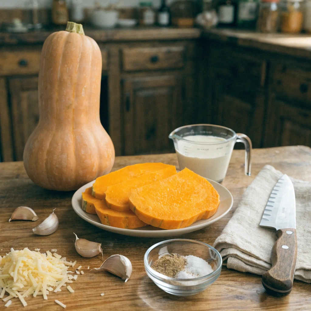 Ingrédients pour gratin de butternut avec courge, crème, fromage et ail