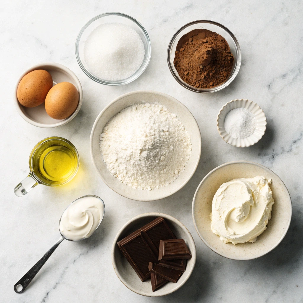 Ingrédients pour layer cake chocolat avec farine, cacao, œufs, mascarpone et chocolat noir