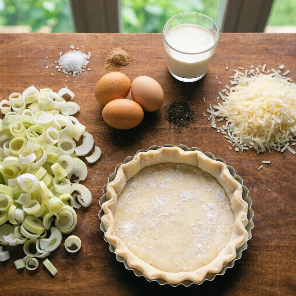 Ingrédients pour quiche aux poireaux avec œufs crème fromage pâte et poireaux frais