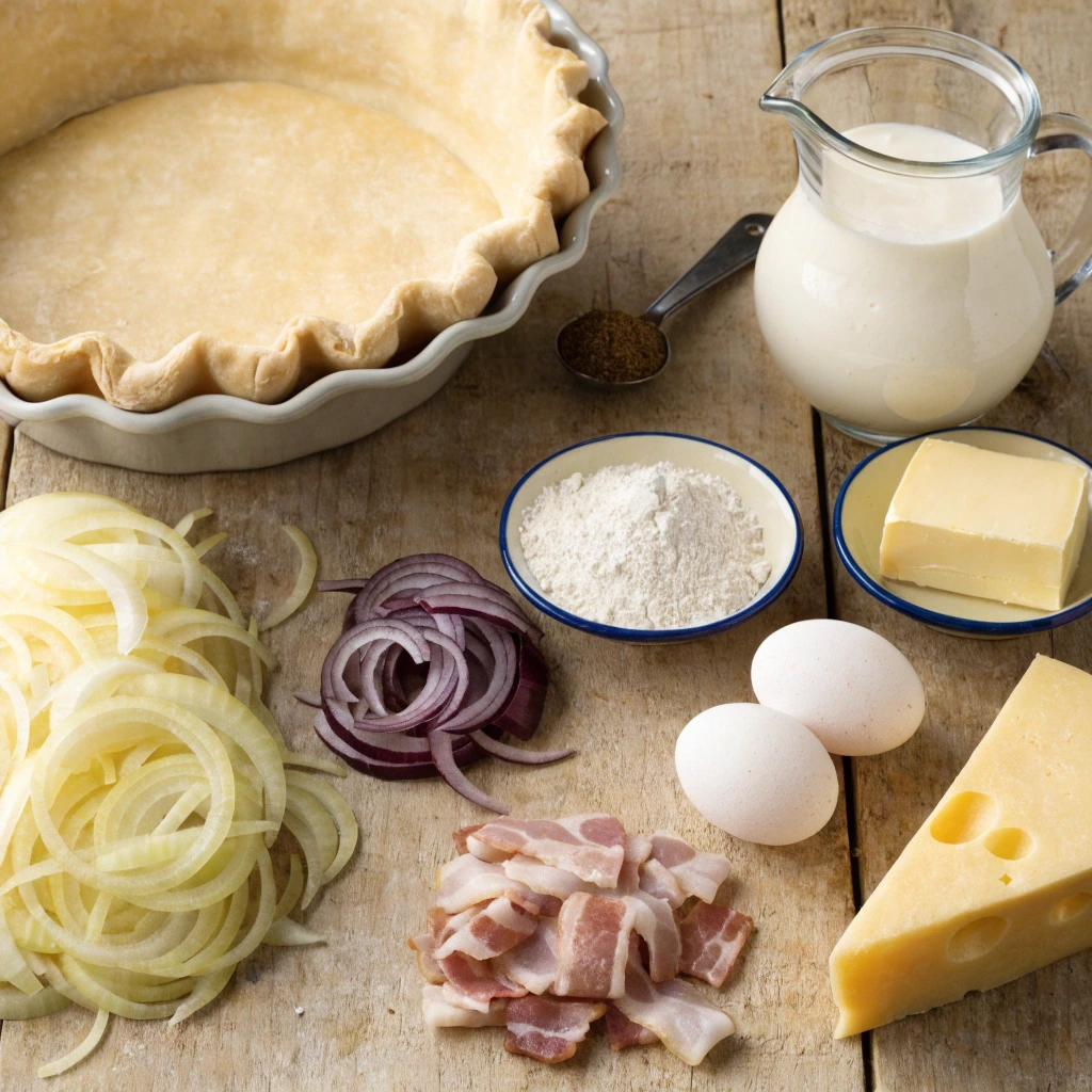 Ingrédients pour tarte à l'oignon avec oignons jaunes, oignons rouges, lardons, œufs, crème et pâte