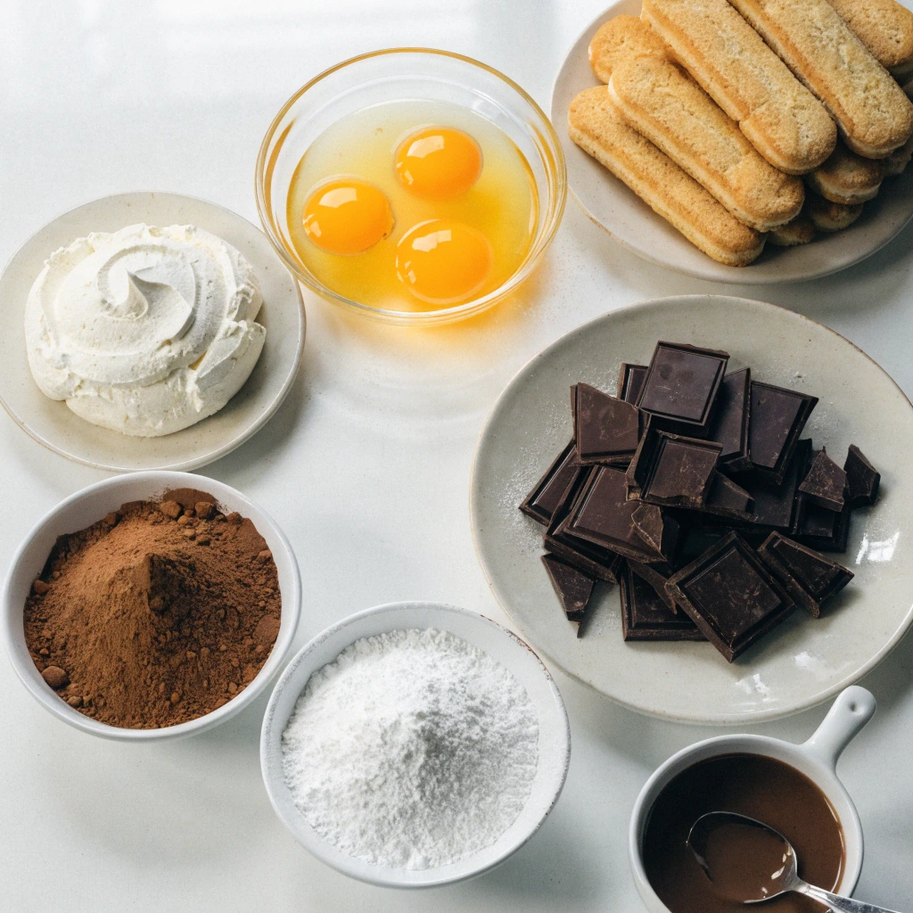 Ingrédients pour tiramisu chocolat avec mascarpone, œufs, biscuits Savoiardi, chocolat noir, cacao en poudre et sucre glace