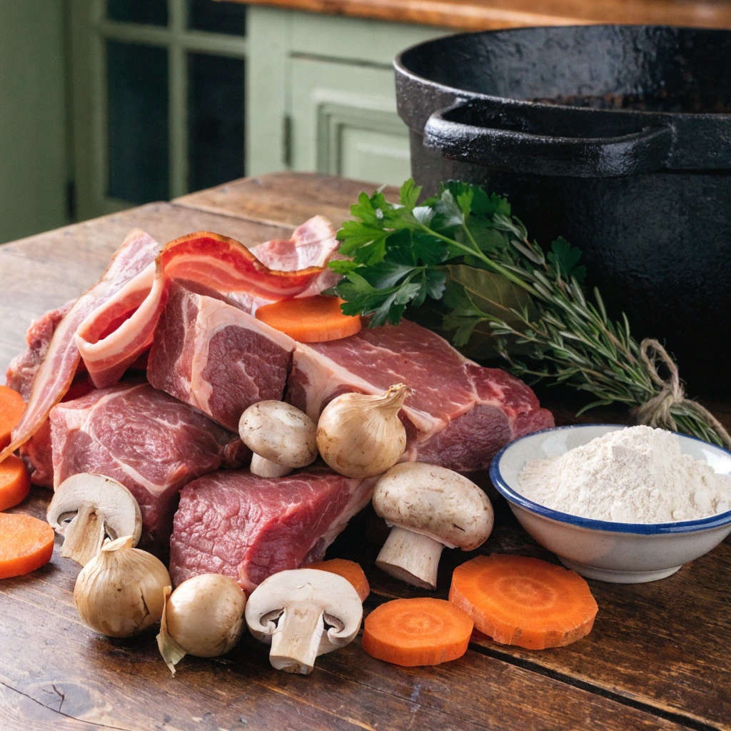 Ingrédients du boeuf bourguignon avec paleron cru, lardons, carottes, champignons, oignons et bouquet garni