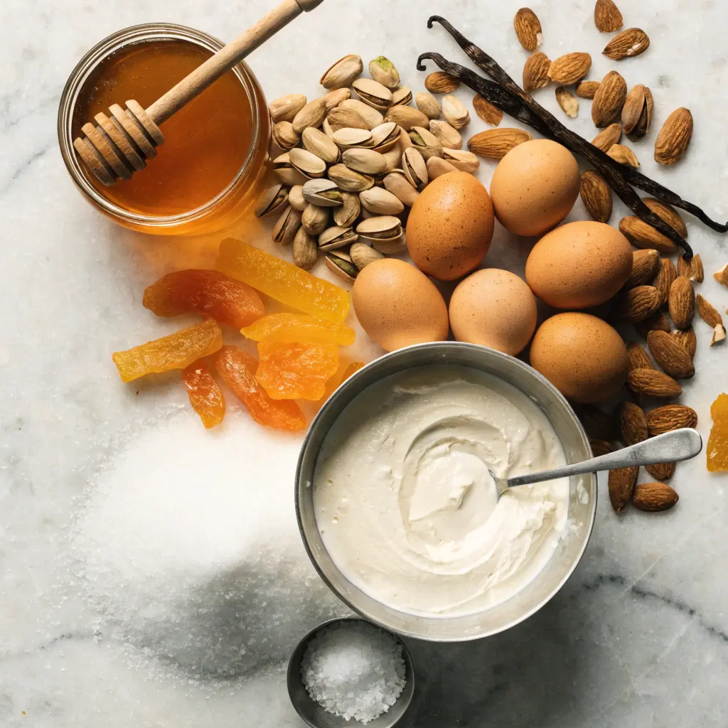 ingrédients du nougat glacé maison avec miel, œufs, crème, pistaches, amandes et fruits confits