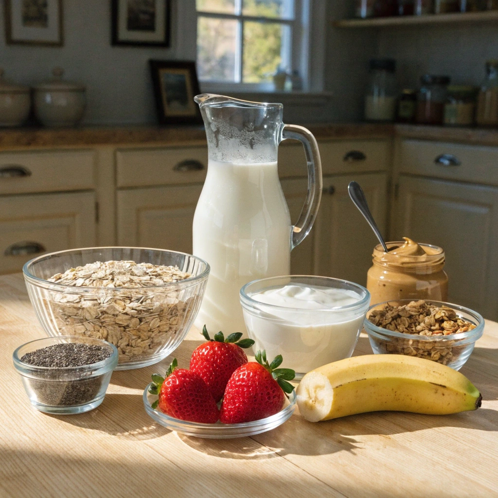 Ingrédients pour overnight oats avec flocons d’avoine, lait, yaourt, graines de chia, fraises et banane