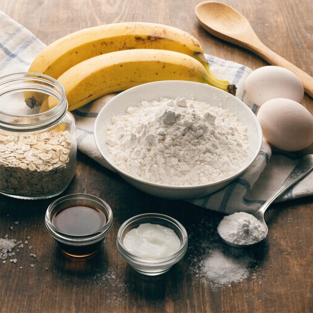 ingrédients pour recette pancakes banane avec bananes mûres farine œufs flocons d’avoine levure et huile de coco