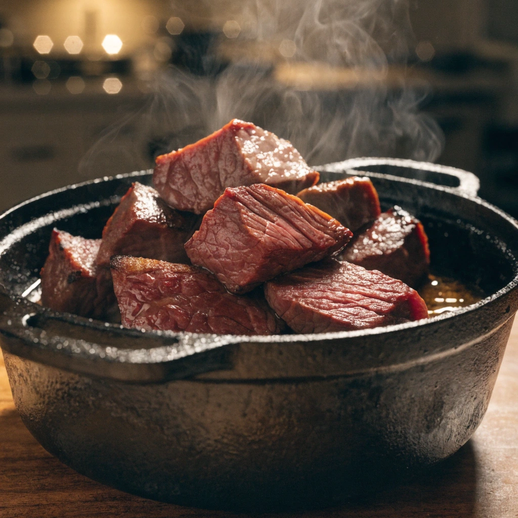 Morceaux de bœuf en train de dorer dans une cocotte en fonte pour préparer un boeuf bourguignon