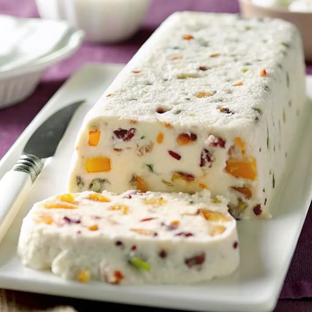 nougat glacé maison aux fruits confits et pistaches coupé en tranches