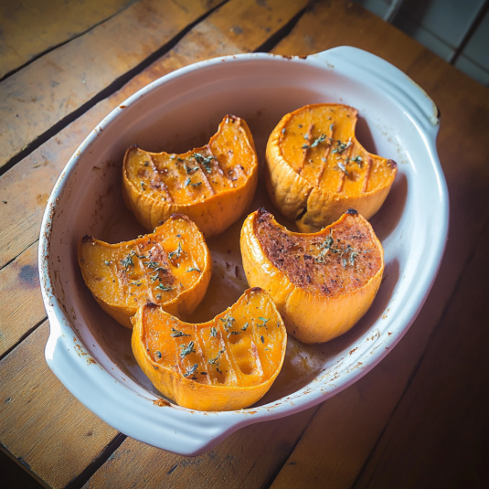 Butternut au four coupée en deux avec chair fondante et quadrillage