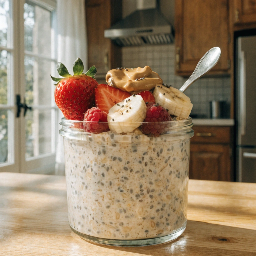 Overnight oats crémeux aux fraises, banane et granola