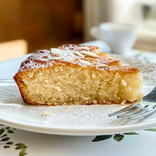Part de pain de Gênes moelleux avec texture fondante et amandes effilées