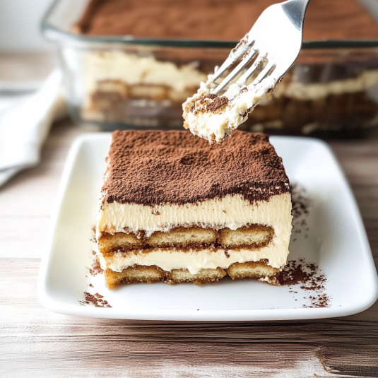 Part de tiramisu chocolat avec crème mascarpone, biscuits imbibés et cacao en poudre, servie dans une assiette