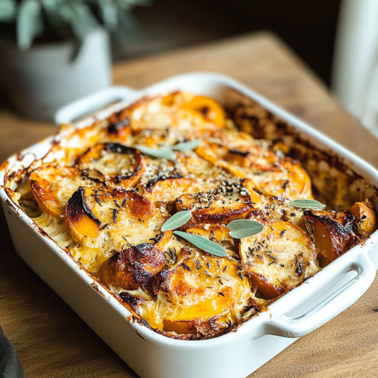 Gratin de butternut doré au four avec fromage fondu et herbes