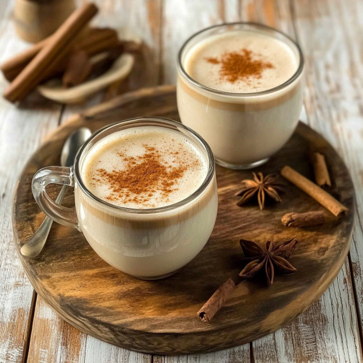chai latte topped with creamy foam and cinnamon, served on a wooden board with spices