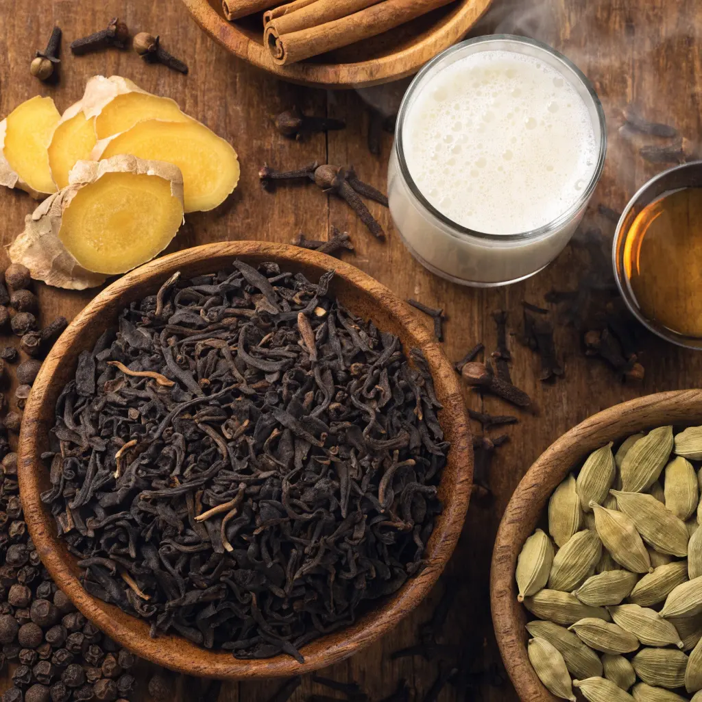 Top view of chai latte ingredients including black tea, cinnamon sticks, cardamom pods, ginger slices, cloves, milk, and honey on a wooden table