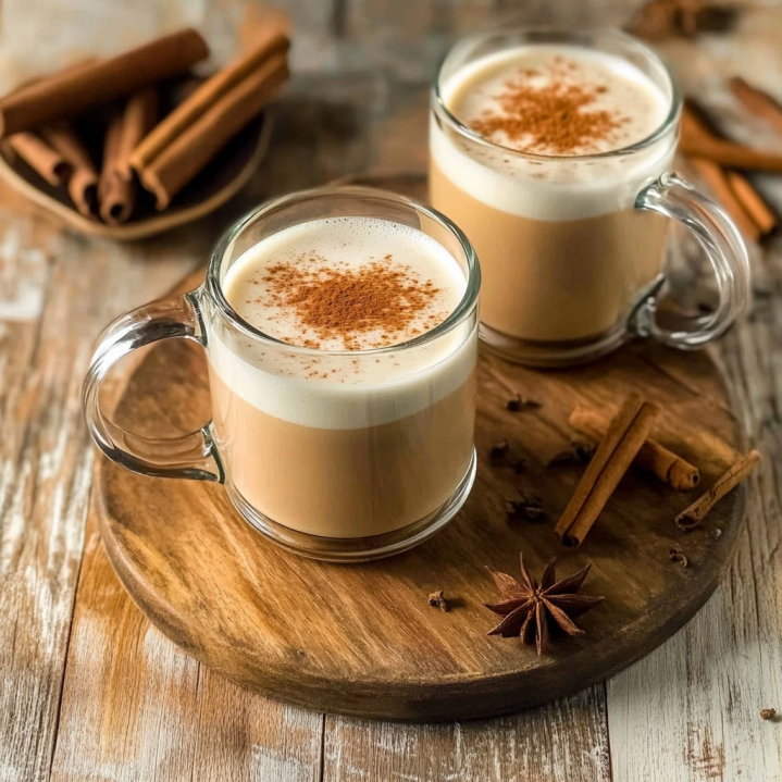 Two glass cups of homemade Recette Chai Latte topped with creamy foam and cinnamon, served on a wooden board with spices
