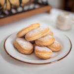 Homemade French biscuit cuillère dusted with powdered sugar and served on a white plate.