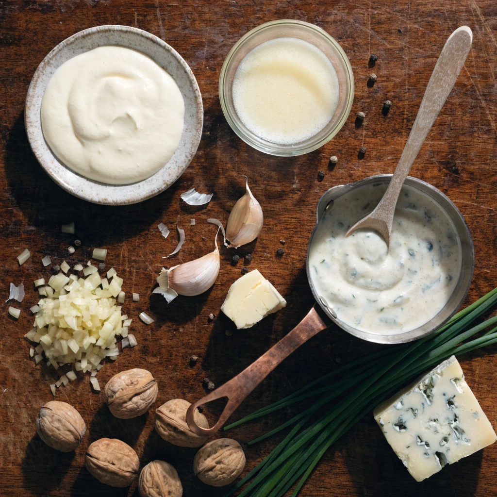 Ingrédients pour préparer une sauce roquefort maison avec crème fraîche, roquefort, ail, échalote et noix