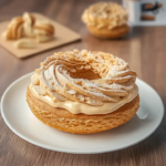 Traditional French Paris Brest pastry filled with praline cream and topped with powdered sugar on a white plate.
